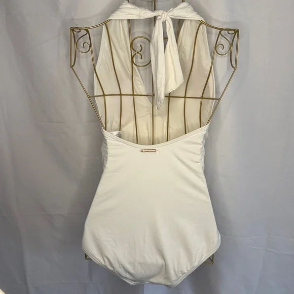 Michael Kors White Ruched V-Neck Halter One Piece Swimsuit - 6 - Picture 7 of 16